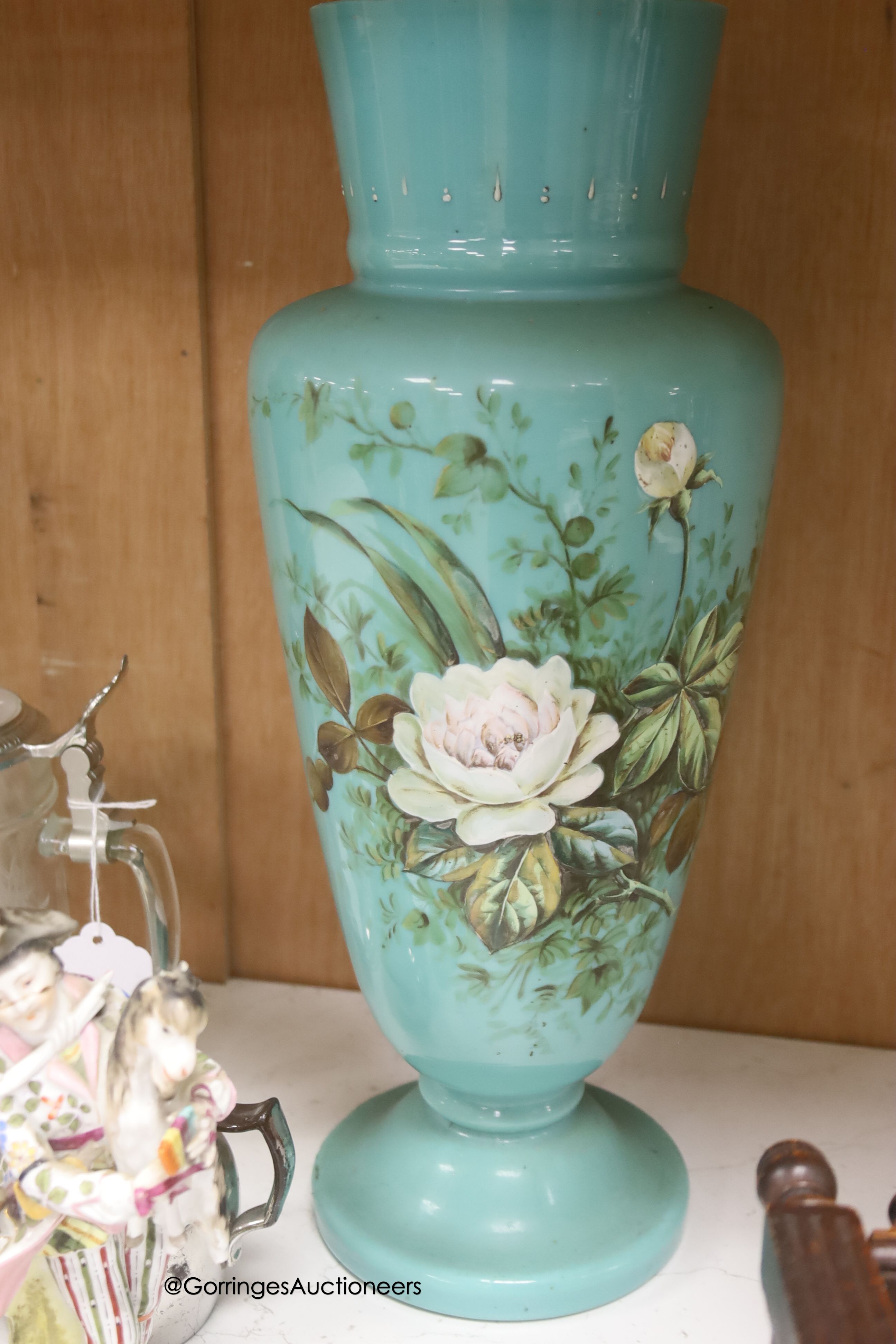 A pair of Sitzendorf porcelain figures, a pair of green vases and a clairvoyance crystal with instructions etc